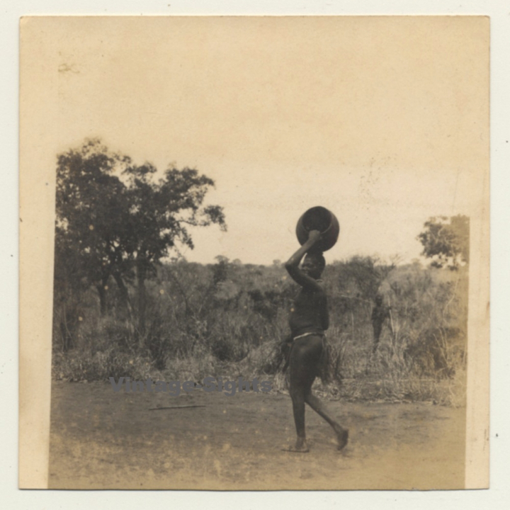 Africa: Topless Native Woman Carries Vase On Head (Vintage Photo ~1930s/1940s)