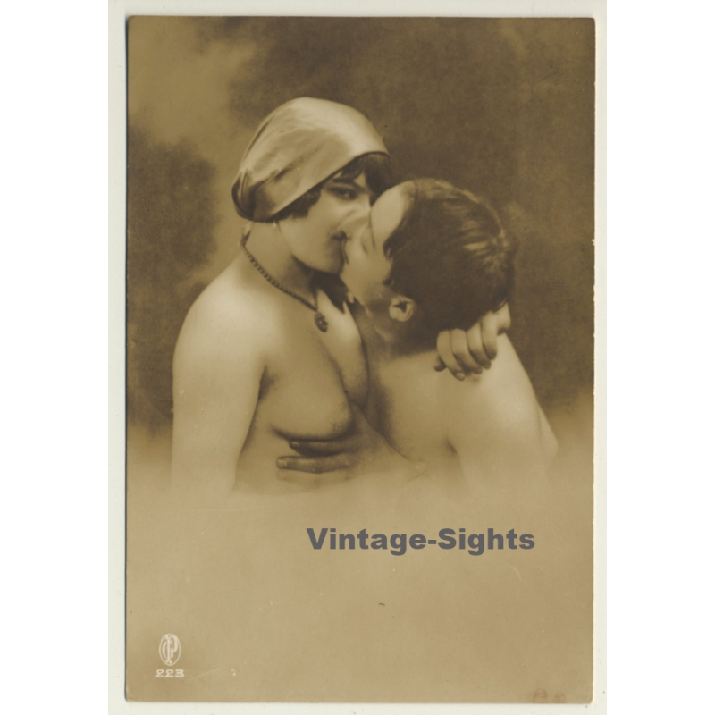 Jean Agélou?: French Nude Couple Kissing / Risqué (Vintage RPPC ~1910s)