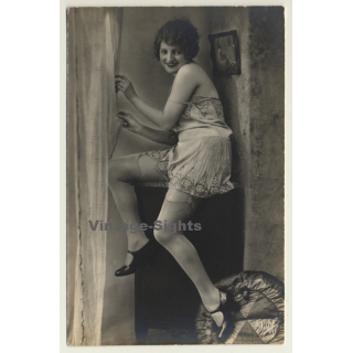 Studio Super / Paris: Sweet Woman In Bodice - Stockings / Risqué (Vintage RPPC ~1920s)