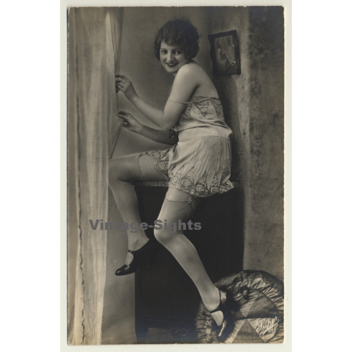Studio Super / Paris: Sweet Woman In Bodice - Stockings / Risqué (Vintage RPPC ~1920s)