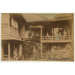 Japan: Geishas Outside Minka / Meiji Period (Vintage Hand Tinted Photo ~1890s)