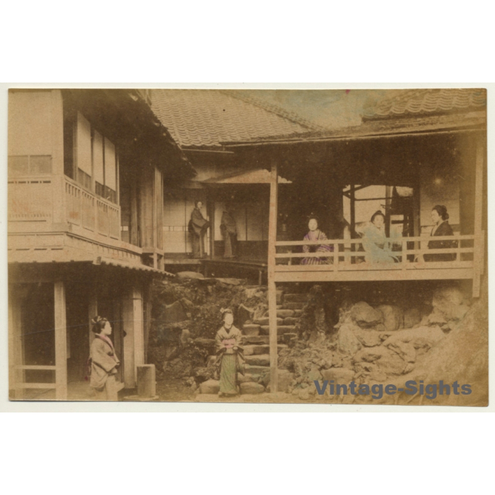Japan: Geishas Outside Minka / Meiji Period (Vintage Hand Tinted Photo ~1890s)