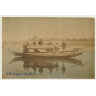 Japan: Geishas On River Boat / Yakatabune (Vintage Hand Tinted Photo ~1890s)