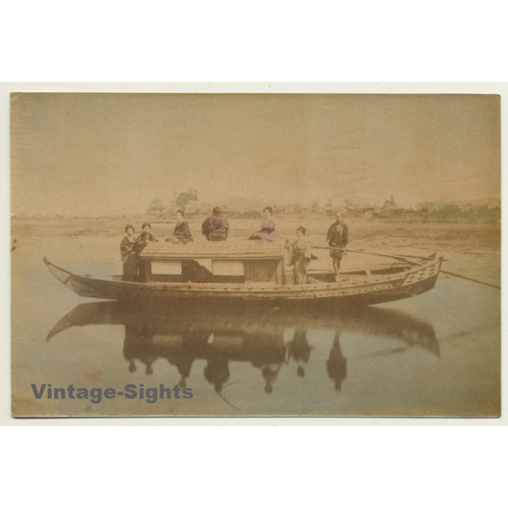 Japan: Geishas On River Boat / Yakatabune (Vintage Hand Tinted Photo ~1890s)