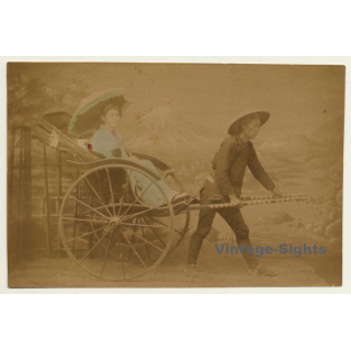 Japan: Geisha In Rickshaw - Wagasa / Meiji Period (Vintage Hand Tinted Photo ~1890s)
