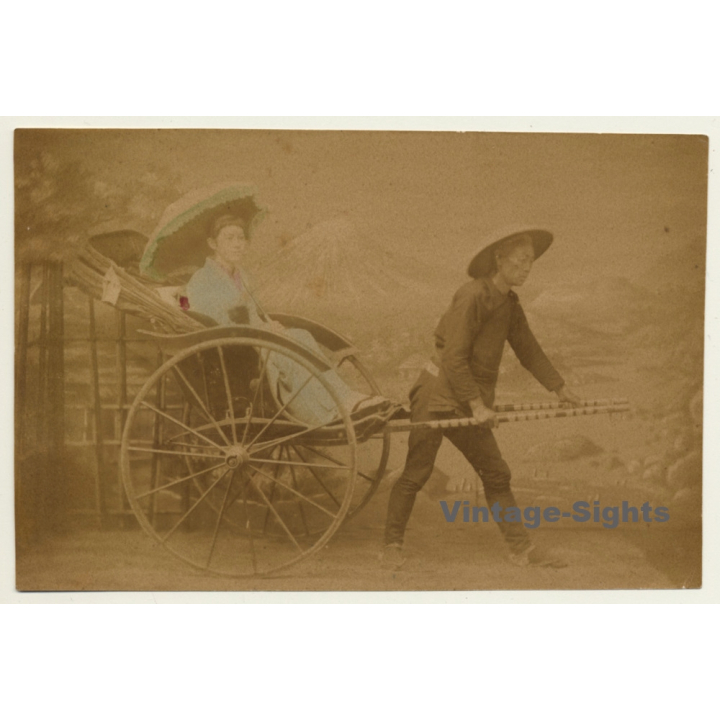 Japan: Geisha In Rickshaw - Wagasa / Meiji Period (Vintage Hand Tinted Photo ~1890s)