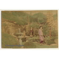Japan: 2 Geishas & Baby Girl In Garden / Meiji Period (Vintage Hand Tinted Photo ~1890s)
