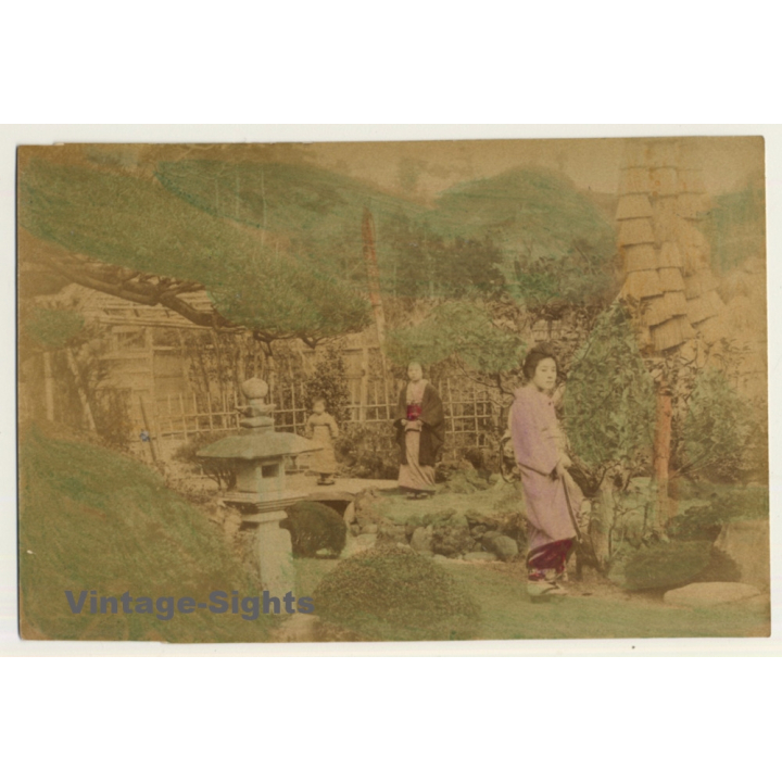 Japan: 2 Geishas & Baby Girl In Garden / Meiji Period (Vintage Hand Tinted Photo ~1890s)