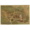 Japan: 2 Geishas & Baby Girl In Garden / Meiji Period (Vintage Hand Tinted Photo ~1890s)