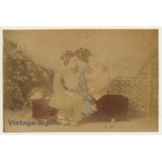 Japan: 2 Geishas Embracing Each Other / Meiji Period (Vintage Hand Tinted Photo ~1890s)