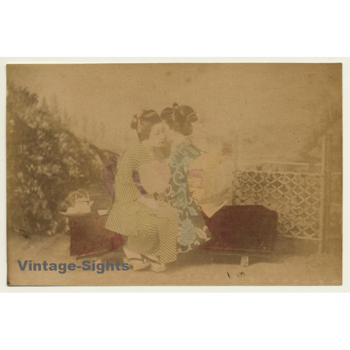 Japan: 2 Geishas Embracing Each Other / Meiji Period (Vintage Hand Tinted Photo ~1890s)