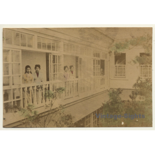 Japan: Geishas Looking Out Of Minka / Meiji Period (Vintage Hand Tinted Photo ~1890s)