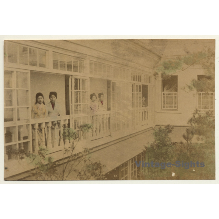 Japan: Geishas Looking Out Of Minka / Meiji Period (Vintage Hand Tinted Photo ~1890s)