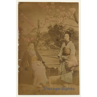 Japan: 2 Geishas - Wagasa - Sakura / Meiji Era (Vintage Hand Tinted Photo ~1890s)