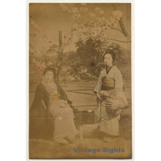 Japan: 2 Geishas *2 - Wagasa - Sakura / Meiji Era (Vintage Hand Tinted Photo ~1890s)