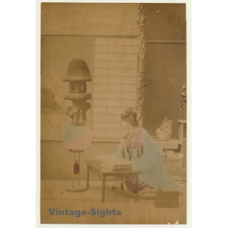 Japan: Geisha reads Book - Interior / Meiji Era (Vintage Hand Tinted Photo ~1890s)