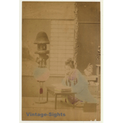Japan: Geisha reads Book - Interior / Meiji Era (Vintage Hand Tinted Photo ~1890s)