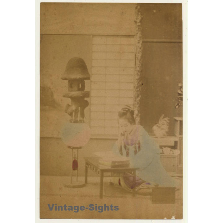 Japan: Geisha reads Book - Interior / Meiji Era (Vintage Hand Tinted Photo ~1890s)