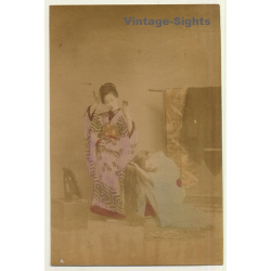 Japan: 2 Geishas Preparing Wareshinobu - Hair - Kimono / Meiji Era (Vintage Hand Tinted Photo ~1890s)