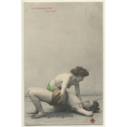 French Nudes Embraced On Floor / Hairy Armpits - Lesbian INT - Boudoir (Vintage PC ~1900s)
