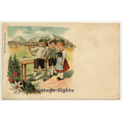 Kids In Bavarian Costumes / Air Rifle - Aunt Sally (Vintage Postcard Litho ~1900s)