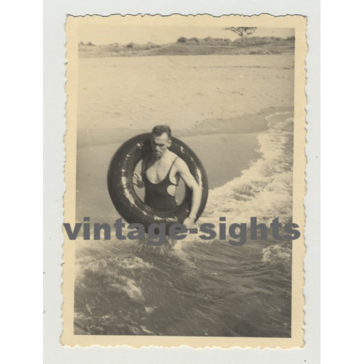 Handsome Man W. One Piece Swimsuit & Swim Ring (Vintage Photo 30s/40s Gay Int)