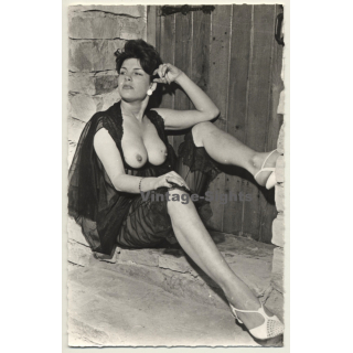 Racy Brunette Woman Flashes Boobs / Transparent - Pin-Up (Vintage RPPC ~1950s)