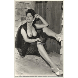 Racy Brunette Woman Flashes Boobs / Transparent - Pin-Up (Vintage RPPC ~1950s)