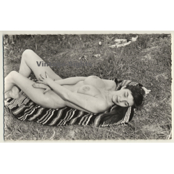 Shorthaired Nude Woman Relaxes On Picnic Blanket / Pin-Up (Vintage RPPC ~1950s)