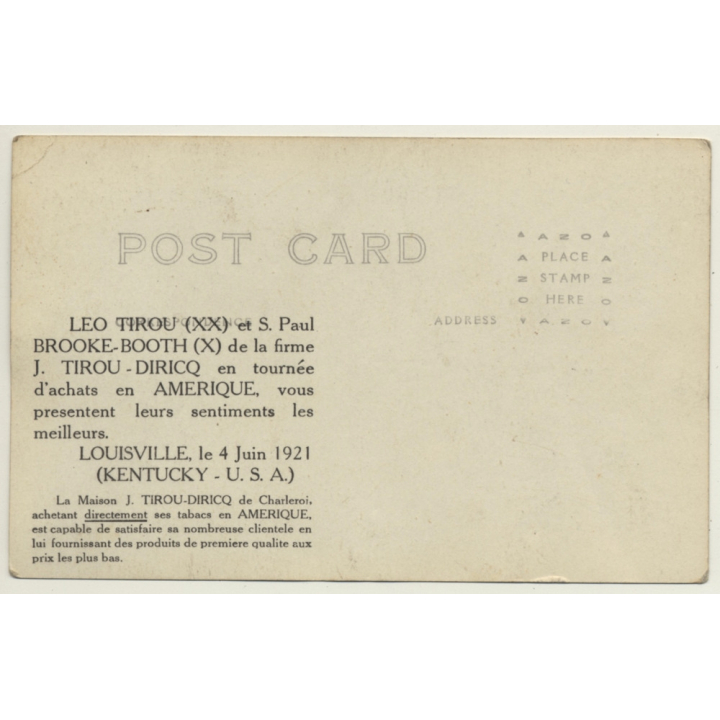 Maison J. Tirou-Diricq In Louisville USA / Belgian Tobacco Co (Vintage RPPC 1921)