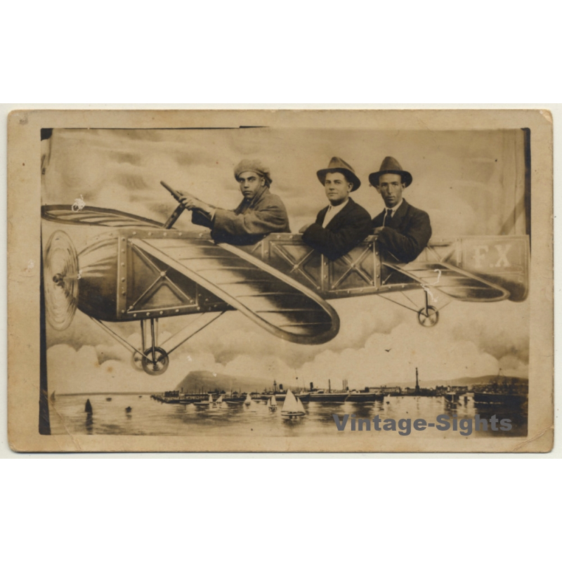3 Guys In Propeller Plane - Sea - Ships / Funny Photomontage (Vintage RPPC ~1910s)