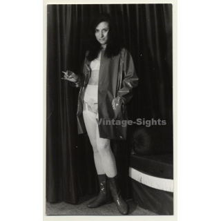 Smoking Brunette - White Lingerie & Fetish Lacquer Coat / BDSM (Vintage Photo GDR ~1960s)