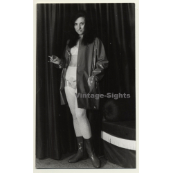 Smoking Brunette - White Lingerie & Fetish Lacquer Coat / BDSM (Vintage Photo GDR ~1960s)
