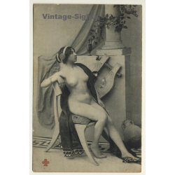Elegant French Nude On Wooden Chair / Boudoir (Vintage PC ~1910s/1920s)