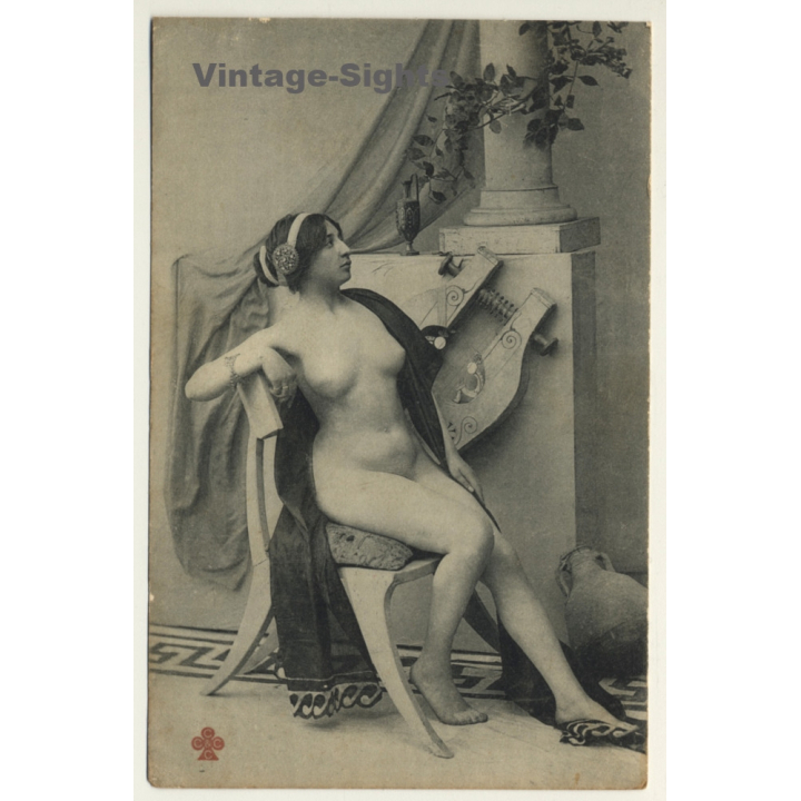 Elegant French Nude On Wooden Chair / Boudoir (Vintage PC ~1910s/1920s)