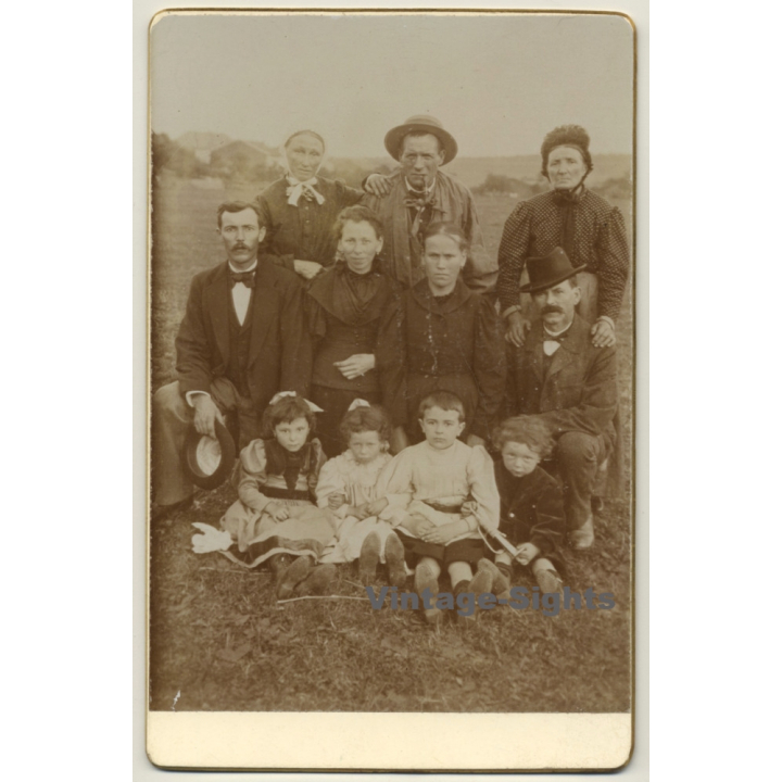 Large Belgian Family On Meadow / 4 Generations (Vintage Cabinet Card ~1890s/1900s)