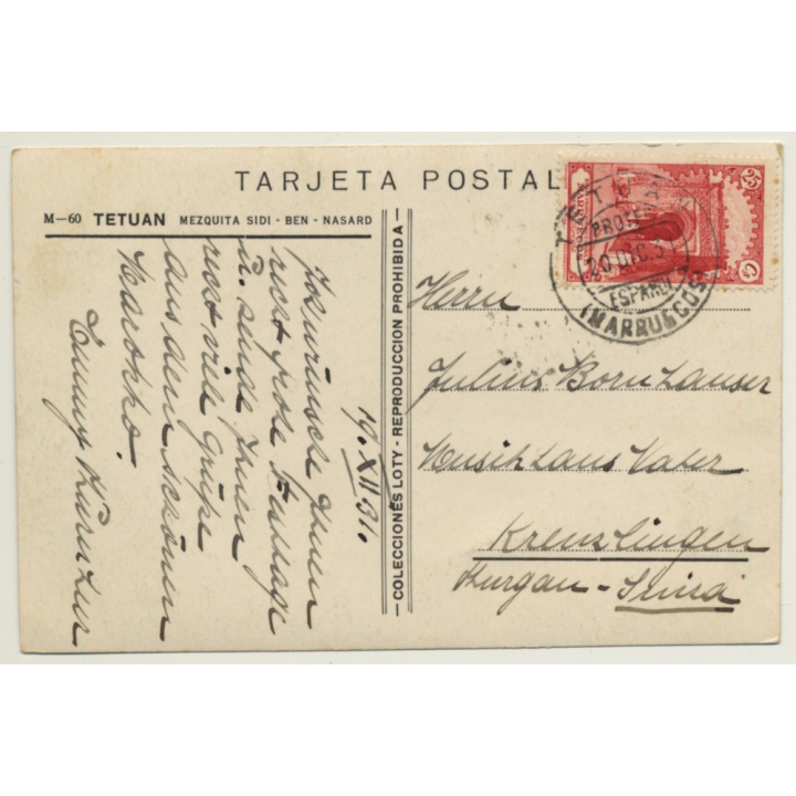 Tetuan / Morocco: Calle Sidi Ali Ben - Mosque - Donkey (Vintage RPPC 1931)