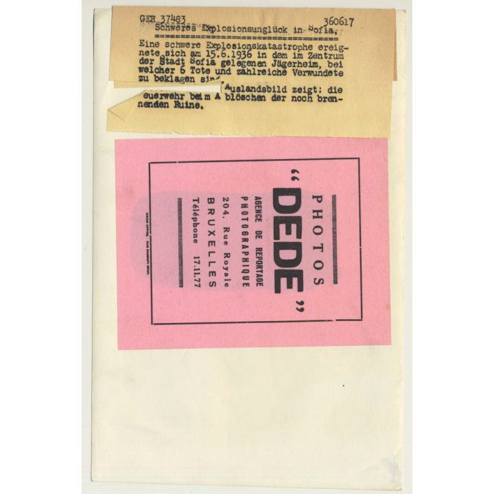 Sofia / Bulgaria: Explosion At Jägerheim / Fire Fighters (Vintage Press Photo 1936)