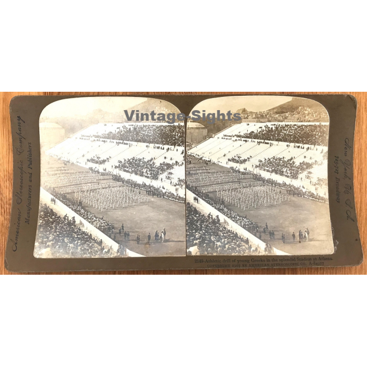 Olympic Stadion Athens: Athletic Drill Of Young Greeks (Vintage Stereo Photo 1907)