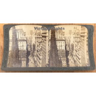 New York / USA: Empire Building Past Trinity Church Steeple Up Broadway (Vintage Stereo Photo 1902)