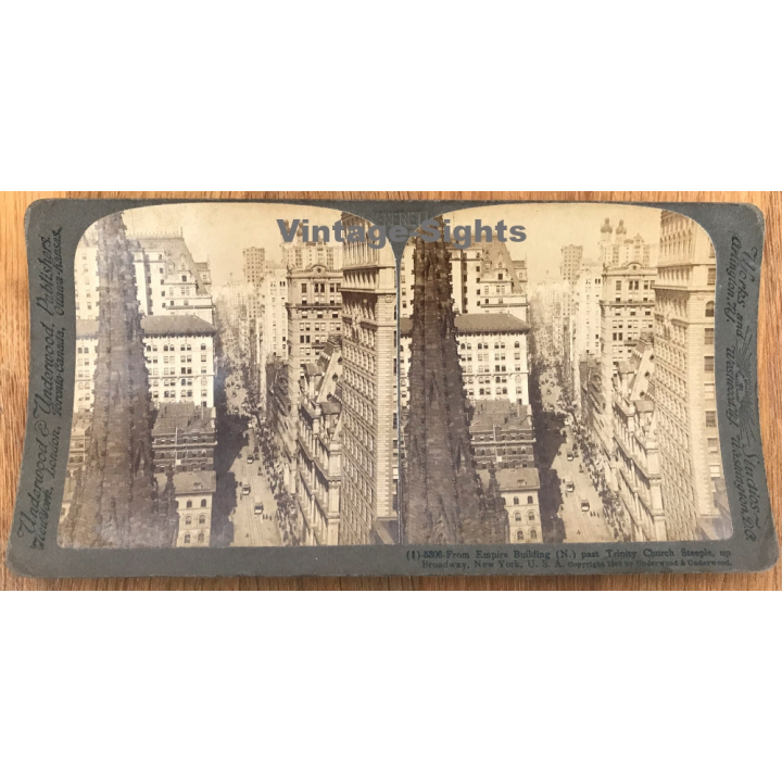 New York / USA: Empire Building Past Trinity Church Steeple Up Broadway (Vintage Stereo Photo 1902)