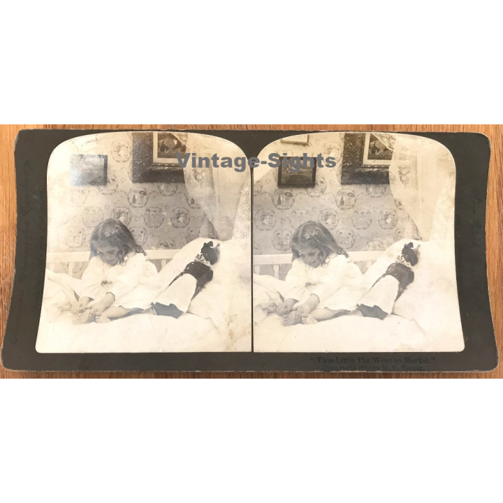 This Little Pig Went to Market / Baby Girl & Doll (Vintage Stereo Photo 1900)