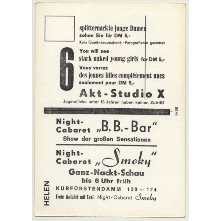 Nude Showgirl Helen / Pin-Up Akt-Studio X (Vintage PC Berlin 1960s)