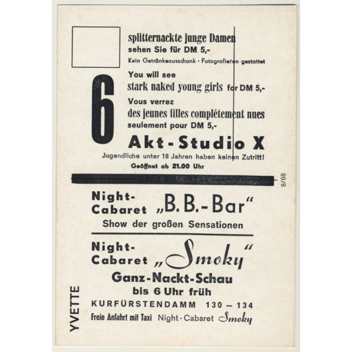 Nude Showgirl Yvette / Pin-Up Akt-Studio X (Vintage PC Berlin 1960s)