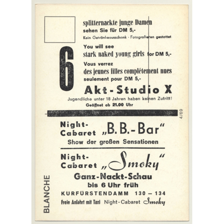 Nude Showgirl Blanche / Pin-Up Akt-Studio X (Vintage PC Berlin 1960s)