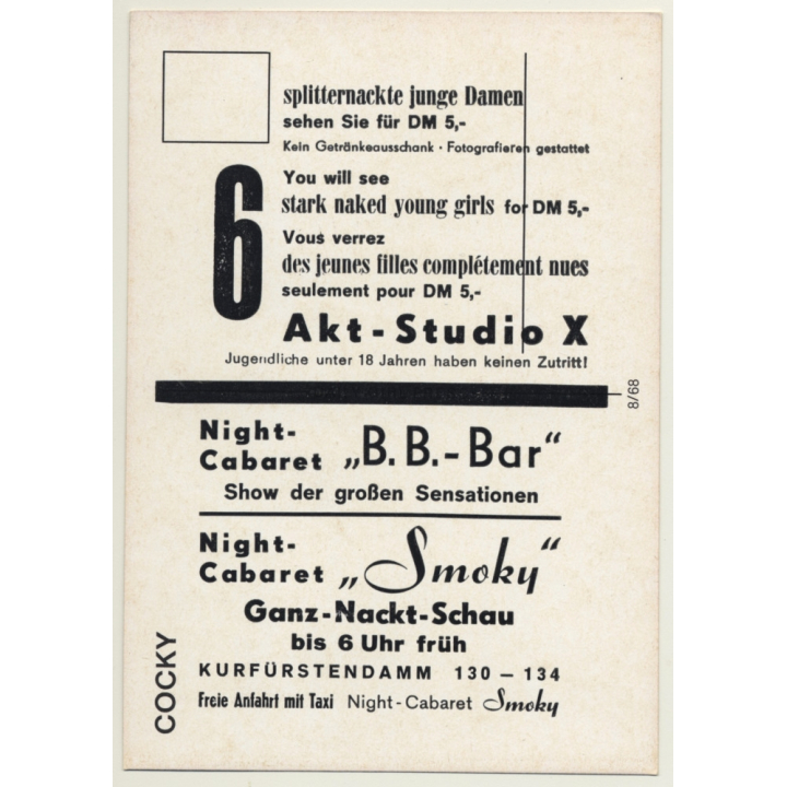 Nude Showgirl Cocky / Pin-Up Akt-Studio X (Vintage PC Berlin 1960s)