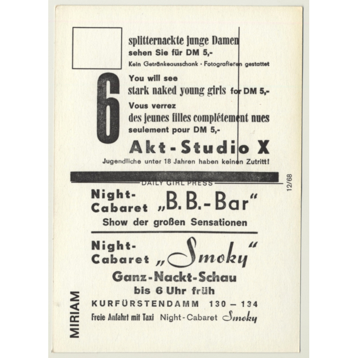 Nude Showgirl Miriam / Pin-Up Akt-Studio X (Vintage PC Berlin 1960s)