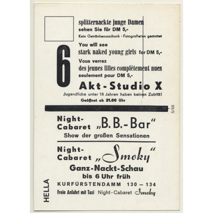 Nude Showgirl Hella / Pin-Up Akt-Studio X (Vintage PC Berlin 1960s)