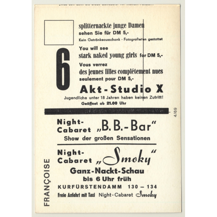 Nude Showgirl Francoise / Pin-Up Akt-Studio X (Vintage PC Berlin 1960s)
