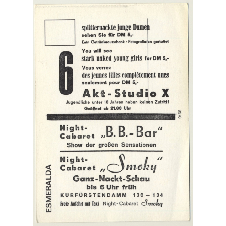 Nude Showgirl Esmeralda / Pin-Up Akt-Studio X (Vintage PC Berlin 1960s)